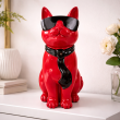 Statue chat résine rouge lunettes écharpe noires assis 40 cm - 7