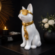 Statue chat résine blanc lunettes écharpe dorées assis 40 cm - 7