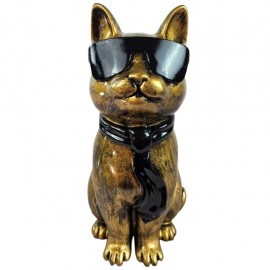 Statue chat résine doré antique lunettes écharpe noires assis 40 cm