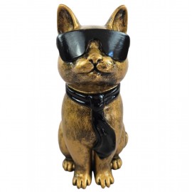 Statue chat résine doré antique lunettes écharpe noires 30 cm