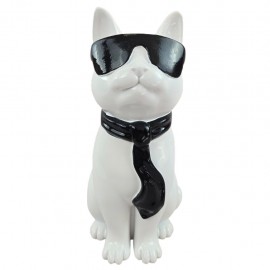 Statue chat résine blanc lunettes écharpe noires 30 cm