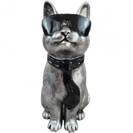 Statue chat en résine acier avec lunettes et cravate noires 30 cm